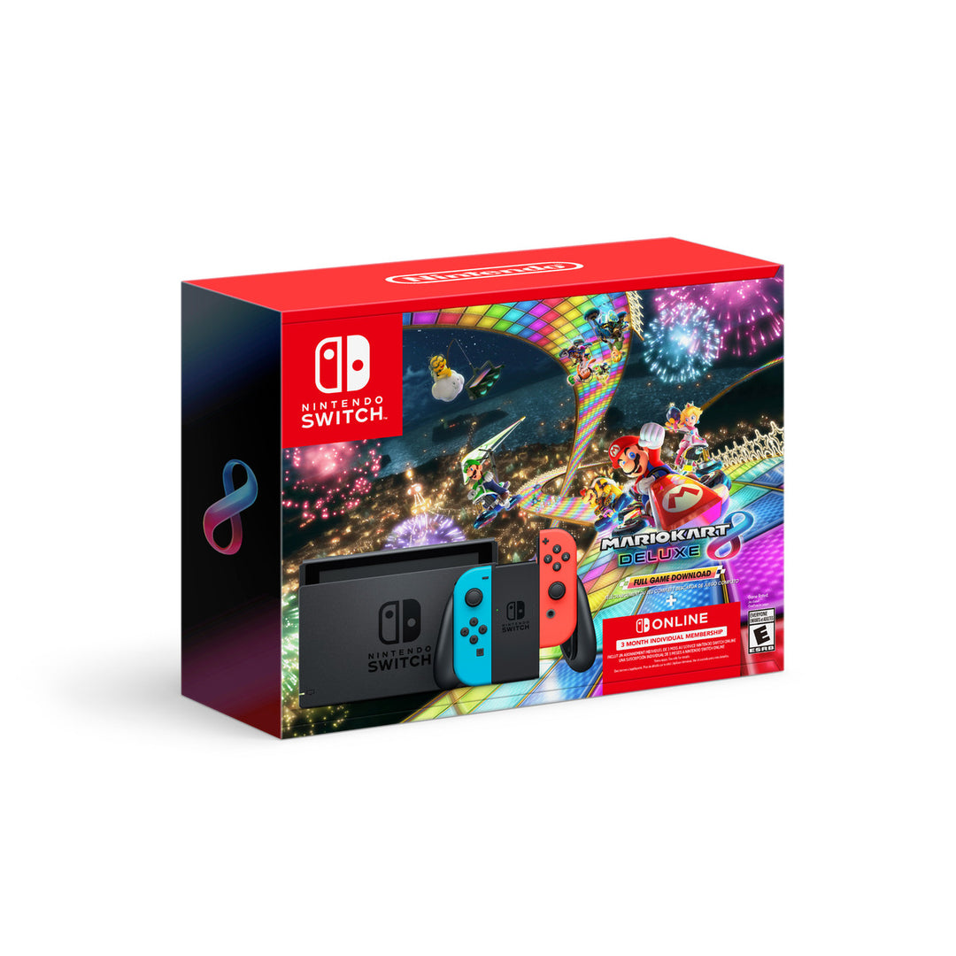 Switch Console Neon Red & Blue Core + Mario Kart 8 Deluxe (Full Game Download) + 3 Month Online Membership